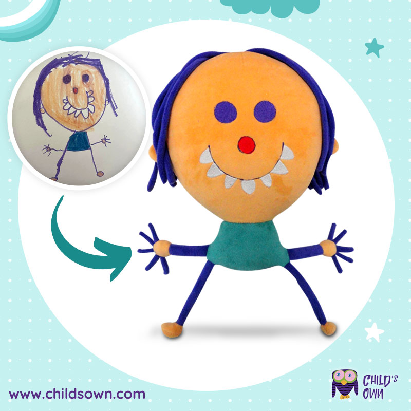 Handmade custom plushie of a smiling girl with purple hair.