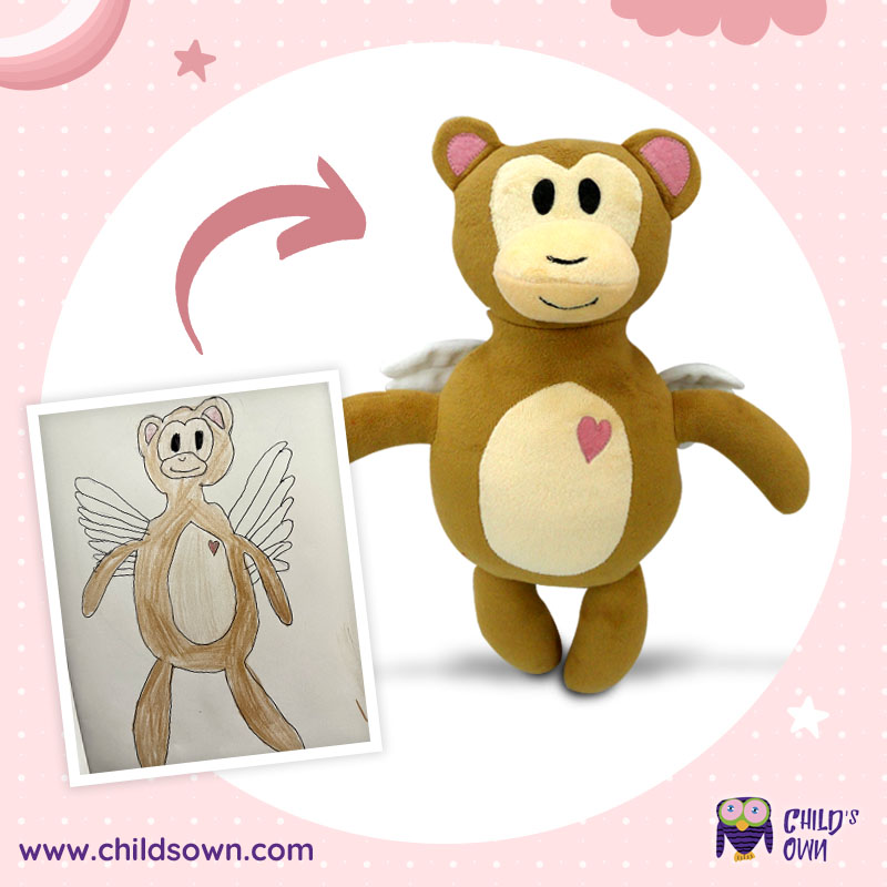 Custom plush angel monkey with white wings and heart