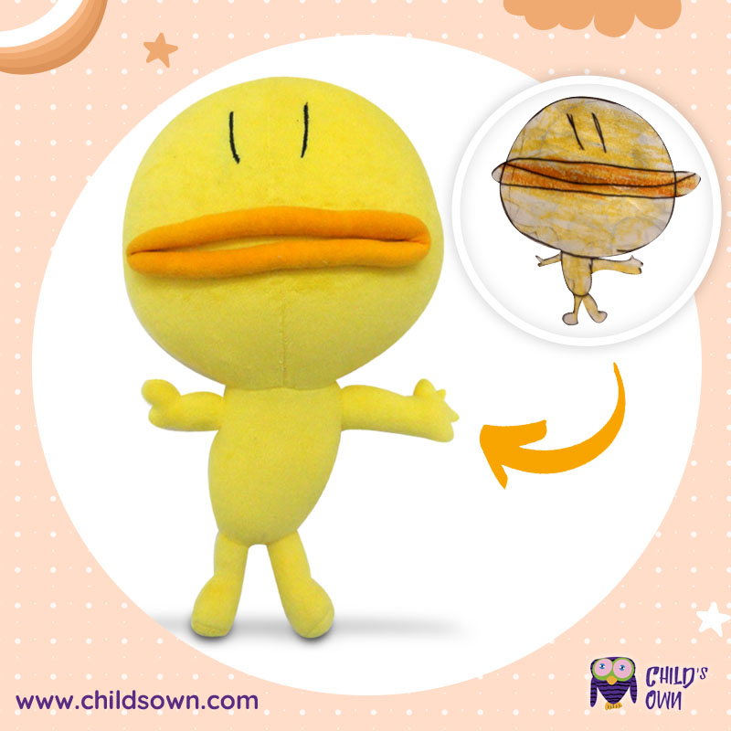Custom plushie of Biby, a yellow duck with a big mouth, made from artwork.